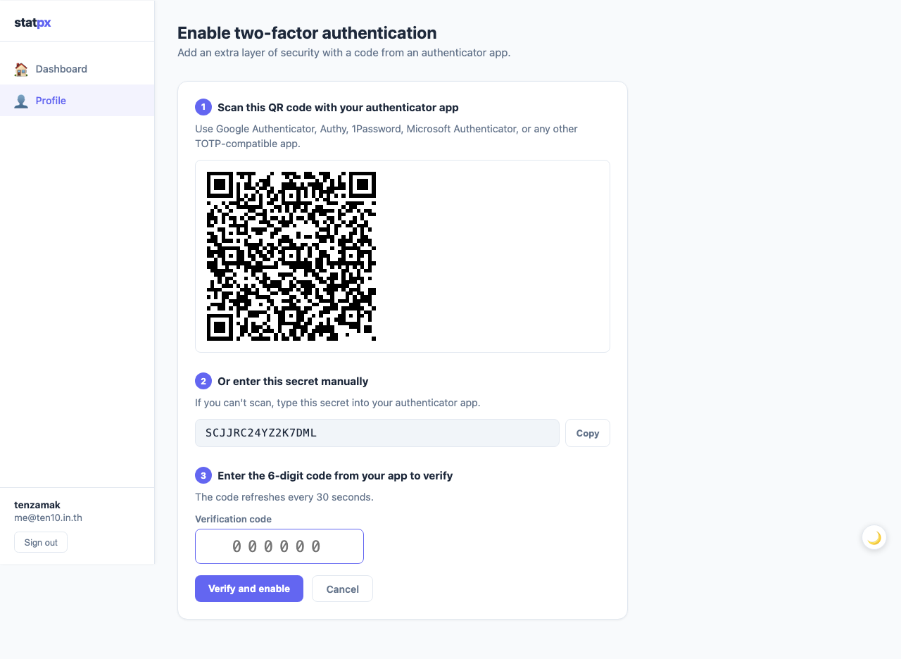 statpx 2FA 设置页面，带有用于身份验证器应用的二维码