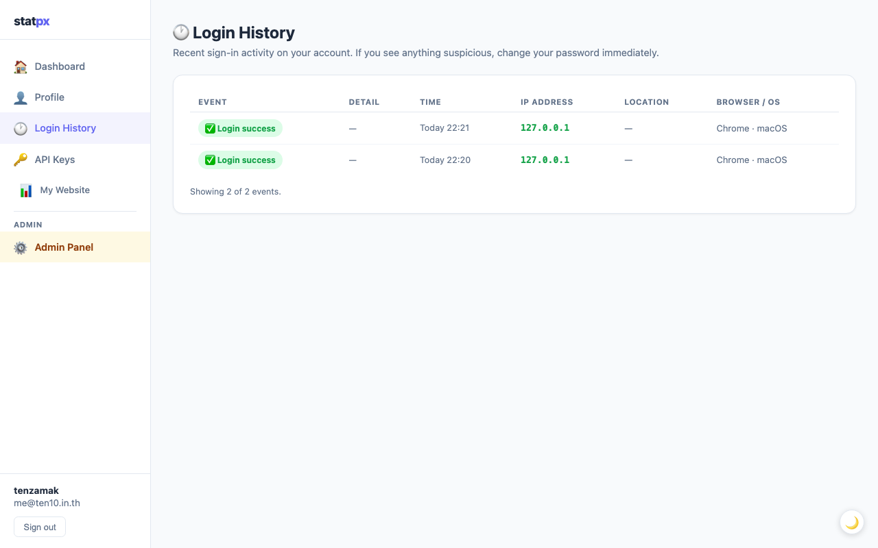 statpx 登录历史页面，显示带有 IP 和位置的登录事件