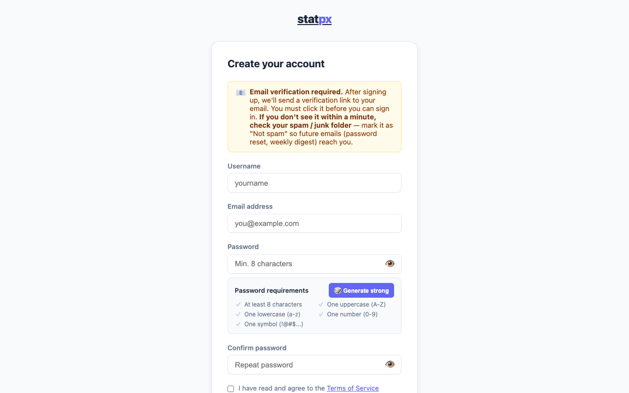 statpx 注册表单，包含用户名、电子邮件和密码字段