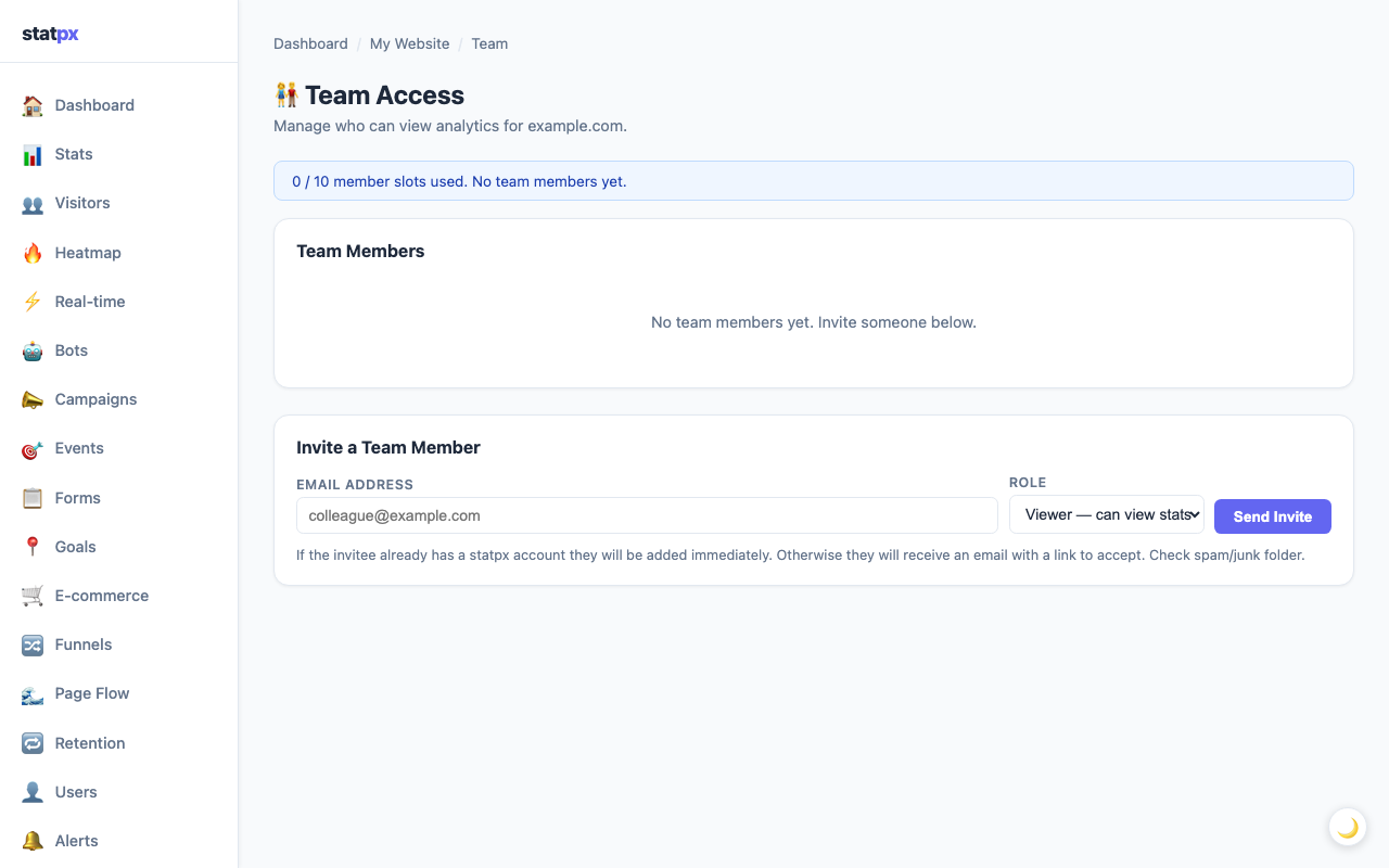 statpx 团队页面显示邀请表单和成员列表